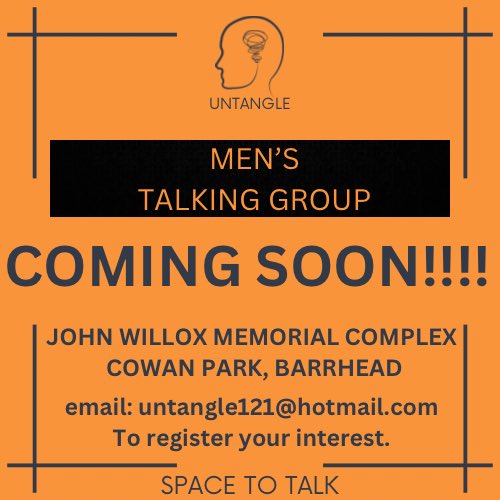 Untangle__'s tweet image. 🟠⚫️ COMING SOON ⚫️🟠

Men’s Talking Group 
Providing a space for men over 16 to come and talk

Please Email untangle121@hotmail.com to register your interest.