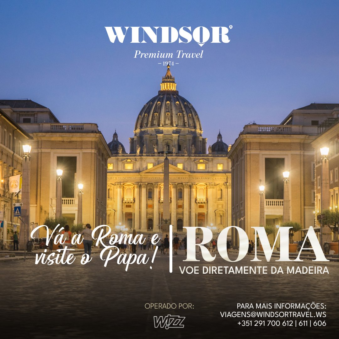 windsortravelgroup (@travelwindsor) on Twitter photo Vá a Roma e visite o Papa! 🇮🇹
Voe diretamente da Ilha da Madeira para a bela cidade de Roma a partir de setembro. ✈
Para mais informações e para reservas, contacte-nos:
viagens@windsortravel.ws
+351 291 700 600 / 611 / 612 / 606 Vá a Roma e visite o Papa! 🇮🇹
Voe diretamente da Ilha da Madeira para a bela cidade de Roma a partir de setembro. ✈
Para mais informações e para reservas, contacte-nos:
viagens@windsortravel.ws
+351 291 700 600 / 611 / 612 / 606