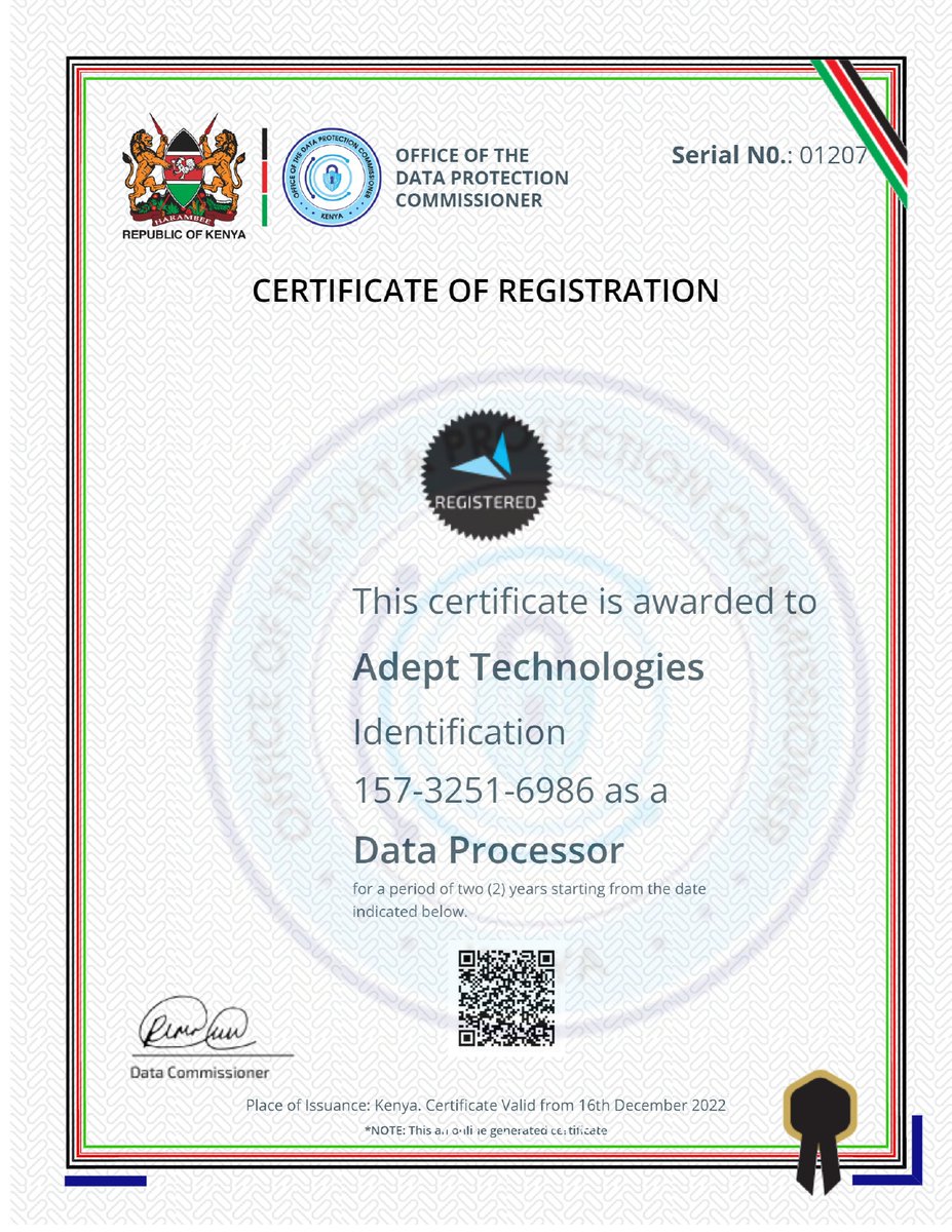 AdeptTechno's tweet image. In time for #DataPrivacyWeek, we are glad to share that we are now compliant as #DataProcessors. This compliance demonstrates our dedication to our partners and clients of meeting industry standards for #privacy and #security
#data #dataprotectionday2023
@ODPC_KE @KEPSA