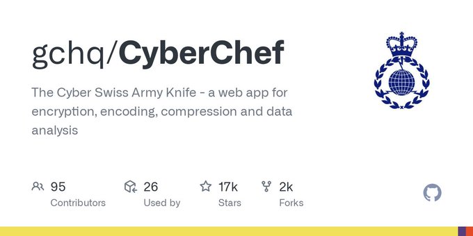 GCHQ's tweet image. Our software engineers have created several open-source software packages and put them on #GitHub Including #CyberChef, the cyber Swiss Army Knife 😃

Check it out and see what technical tasks they can help you with.

➡️ github.com/gchq