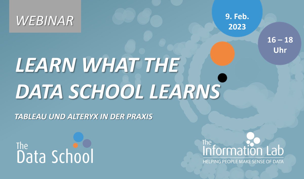 Lerne in unserer neuen virtuellen Schulungsreihe, was unsere Data School Analysts lernen!

An unseren kurzen 2-stündigen Sitzungen teil, um neue Tableau &amp; Alteryx-Kenntnisse zu erwerben, einschließlich Tableau Desktop &amp; Alteryx Designer.

Registriere: til.bi/3ktMVC0