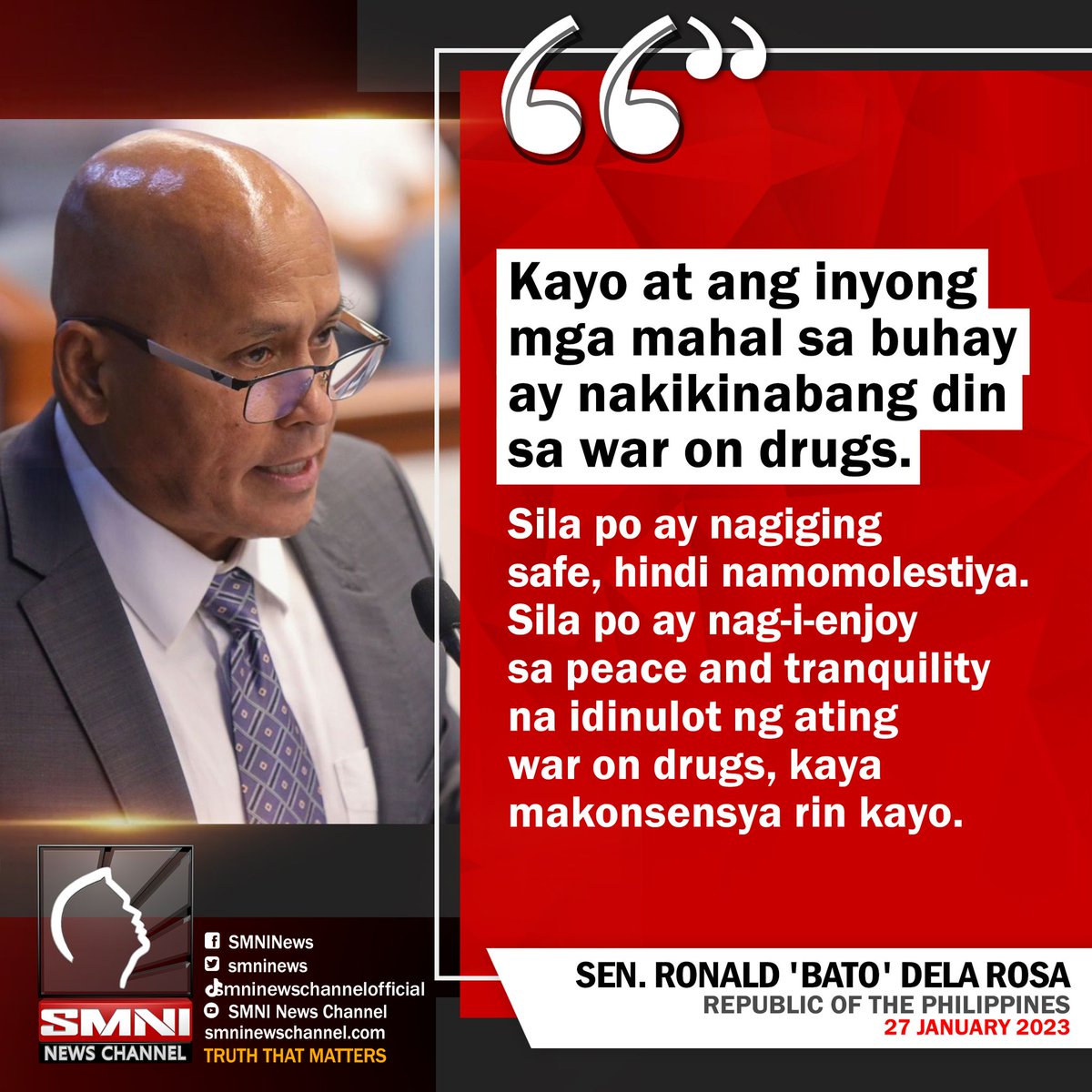 smninews's tweet photo. Sen. Bato sa mga kritiko ng war on drugs ng Duterte admin: Kayo at ang inyong mga mahal sa buhay ay nakikinabang din sa war on drugs https://t.co/WvMB06cqKE