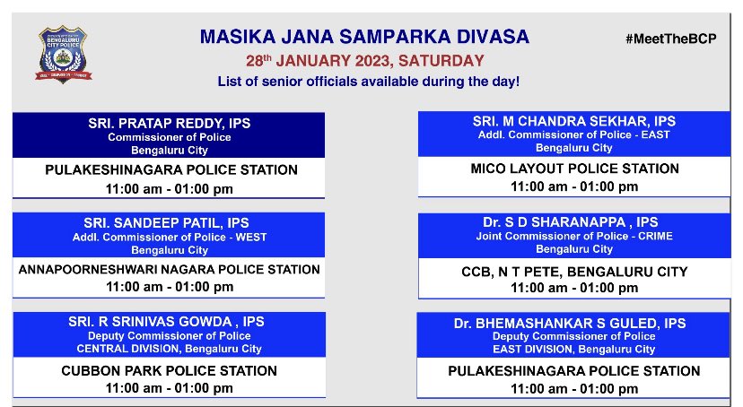 Wil be at Annapoorneshwari PS tomorrow for the monthly Janasamparka Divasa.. plz approach for any update on complaints filed, grievance redressal, any suggestions for BCP..