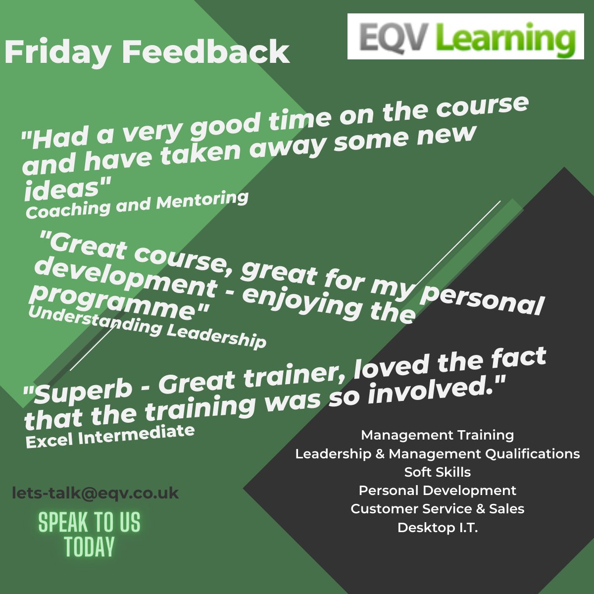 EQVTraining's tweet photo. More great feedback to share at the end of another busy week. Did you know we run up to 15 courses a day 5 days a week? (and sometimes weekends too) https://t.co/n8t7343Kl8