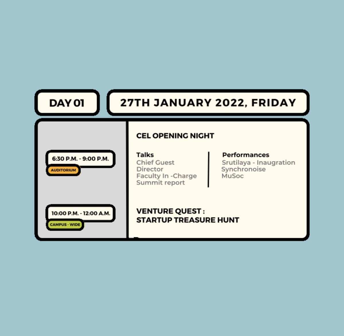celbitsgoa's tweet photo. We're delighted to release the official schedule for Coalescence'23.
See y’all there at 6:30!
📍Auditorium https://t.co/cMzFJUJzLH