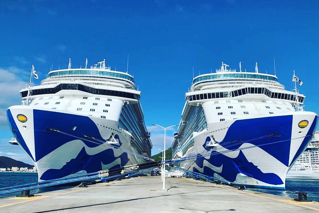 Enchanted and Sky Princess meet in Sint Maarten.  #lovethisboat #princesscruises  #enchantedprincess #princessproud #cruiseship #seafarer #enchantedprincess 
#lifeatsea #travel #traveltheworld #bucketlist #loveboat  #cruiseship #sintmaarten #skyprincess