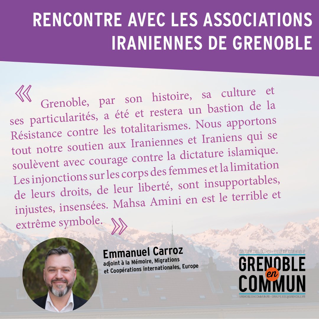 Grenoble_Commun's tweet photo. Solidaire du peuple iranien, #Grenoble réitère son soutien et se tient aux côtés des collectifs associatifs en lutte.  #MahsaAmini https://t.co/CYnGekDeWx