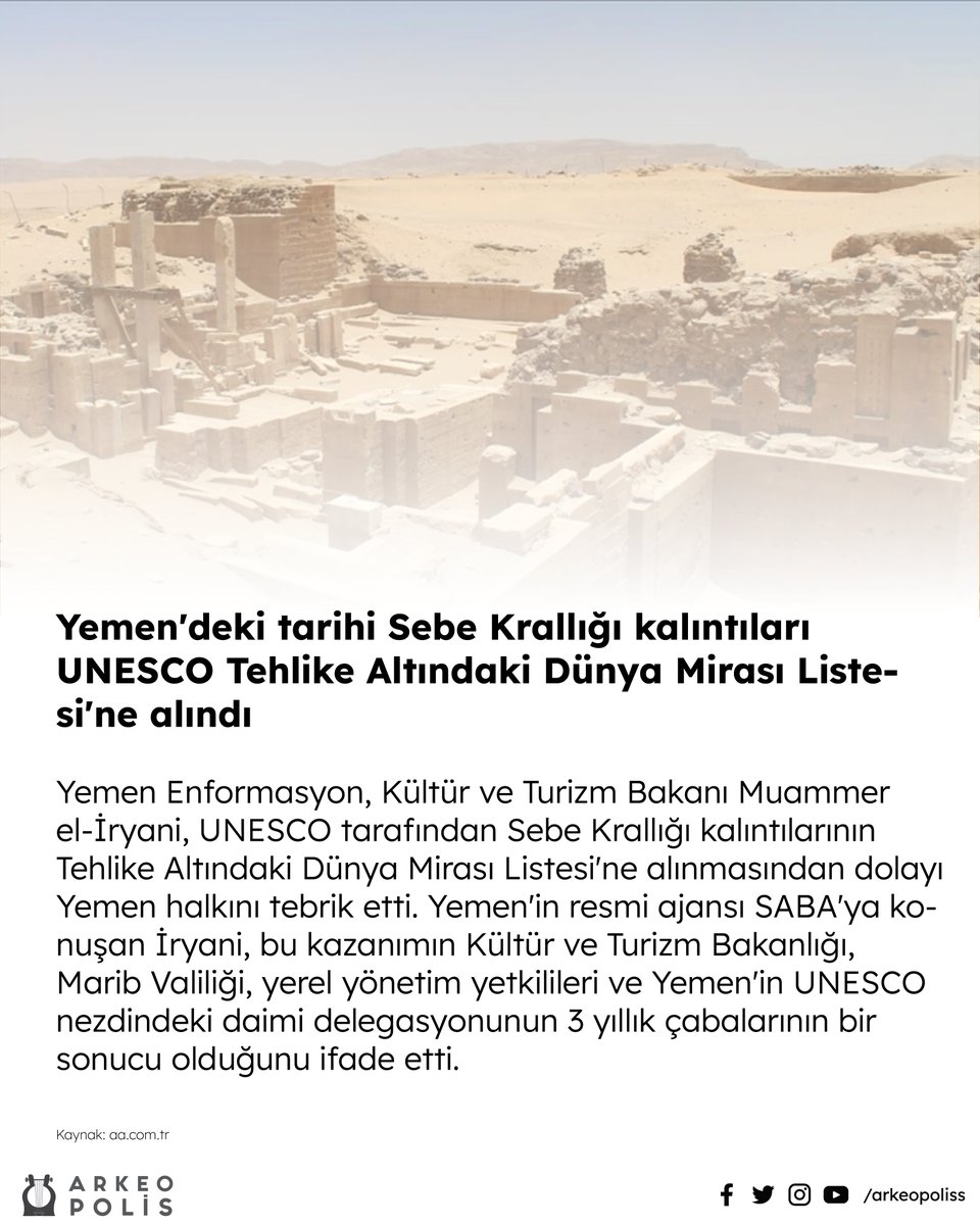 arkeopoliss's tweet photo. Yemen'deki tarihi Sebe Krallığı kalıntıları UNESCO Tehlike Altındaki Dünya Mirası Listesi'ne alındı https://t.co/wYLT4Pwwl5