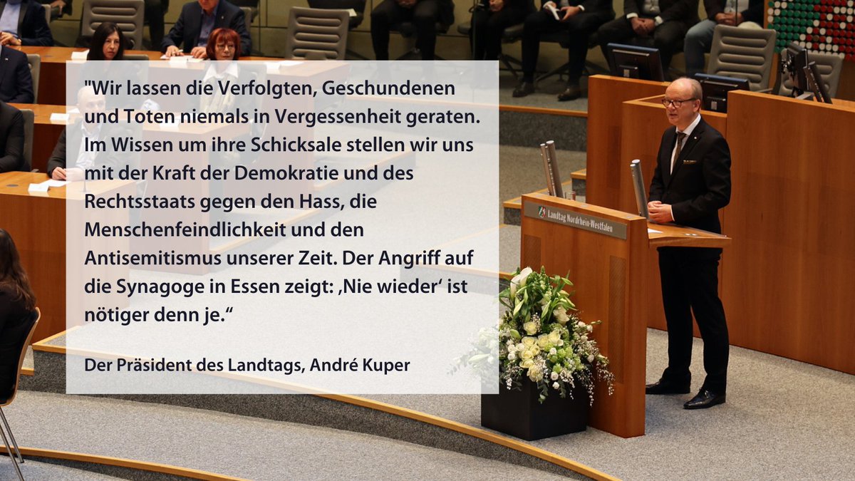 Landtag_NRW's tweet photo. In einer Gedenkstunde erinnern Landtag und Landesregierung an die Opfer des #Nationalsozialismus. André Kuper, Präsident des Landtags, sagte in seiner Rede, dass die Verfolgten, Geschundenen und Toten niemals in Vergessenheit geraten werden. #niewieder #27Janaur #WeRemember https://t.co/lCwUZXw9Yi