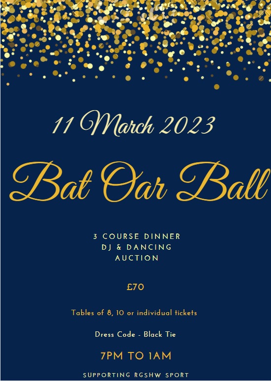 RGSHWSport's tweet photo. Tickets are now on sale for the annual Bat Oar Ball on Saturday 11 March! By joining us in the Queen's Hall for this wonderful evening of dining and dancing, you will be helping to raise funds for all sports at RGS. Tickets sold via Little Box Office https://t.co/32Um00RQOP https://t.co/fCHraQwElo