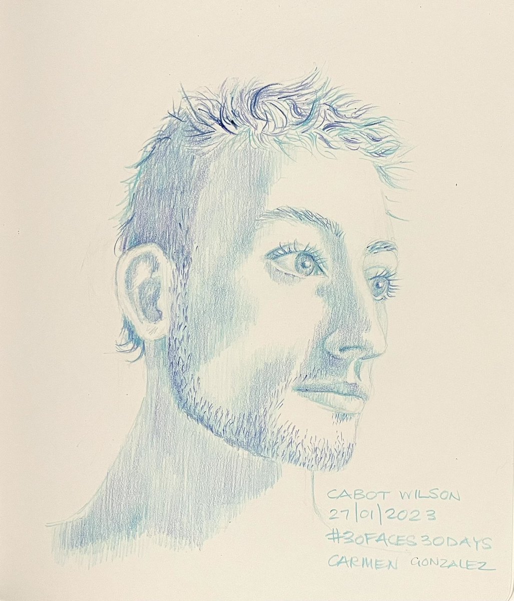 #30Faces30Days 2023 with @sktchy - Day 27
Instead of the blue Bic shown in the tutorial, I decided to go with a blue mechanical pencil for this portrait with some added darker blue. A very tricky angle to draw but the muse Cabot Wilson from @museumbysktchy has amazing eyes!