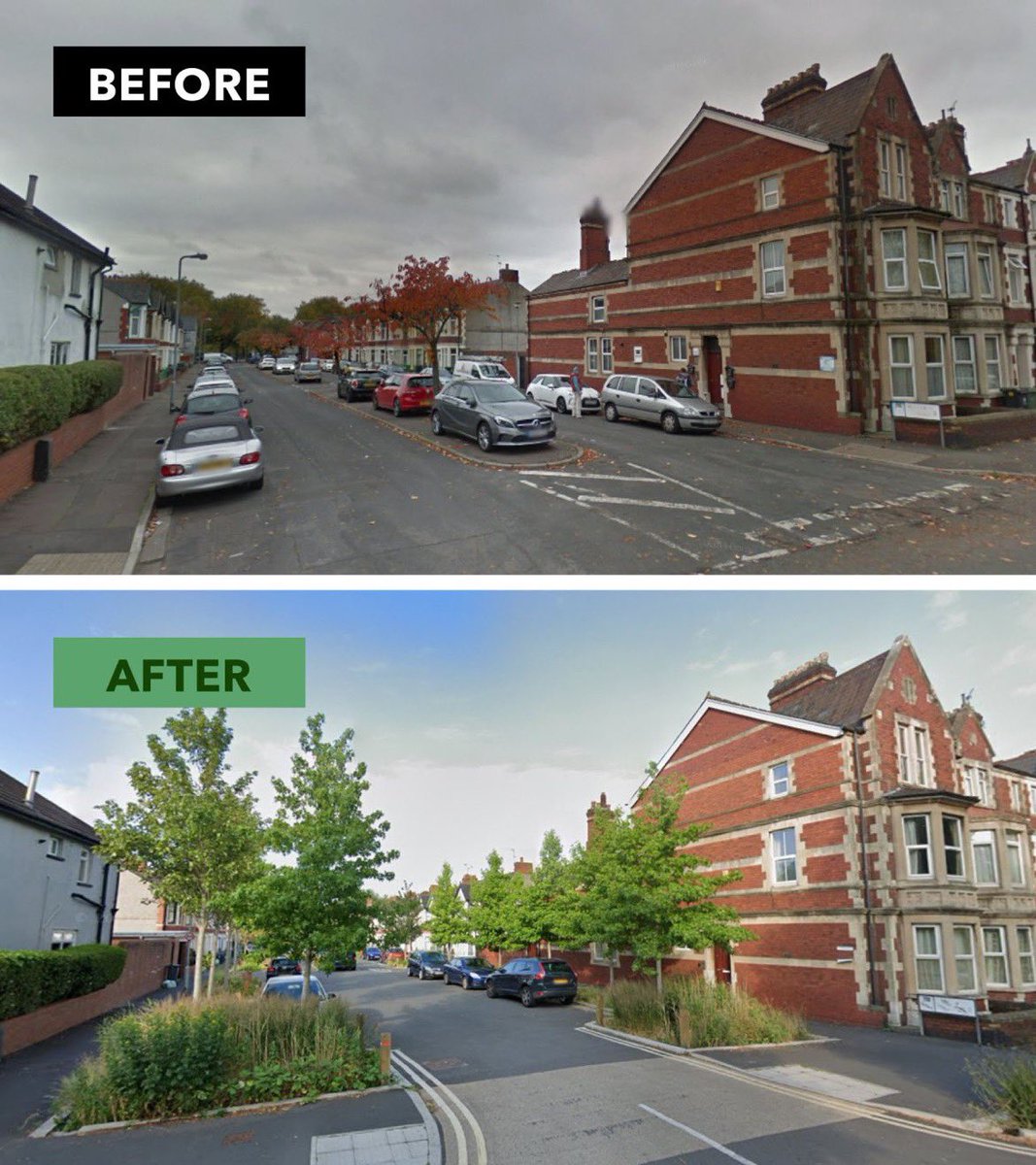 adamtranter's tweet image. Our streets need to be urgently redesigned to prioritise active travel and mitigate against more frequent extreme weather events.
Here’s an example from Cardiff using sustainable drainage systems, new street trees and an improved environment for pedestrians crossing.