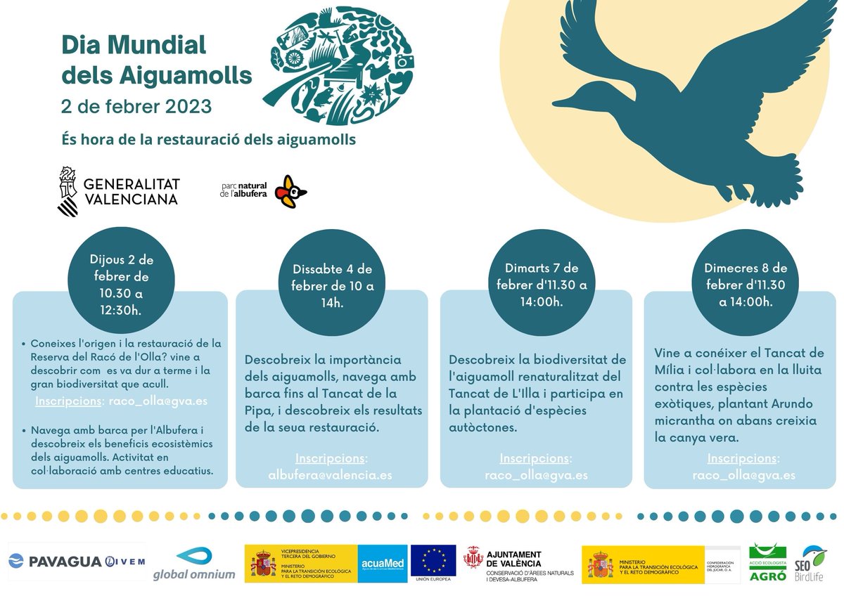 AlbuferaBio's tweet photo. DIA MUNDIAL DELS AIGUAMOLLS
“És hora de la restauració dels aiguamolls”
Participa en alguna de les activitats que tindran lloc al Parc Natural de l’Albufera de València i descobreix els treballs de conservación de la biodiversitat. @GVAparcs https://t.co/gXNXbtW3On