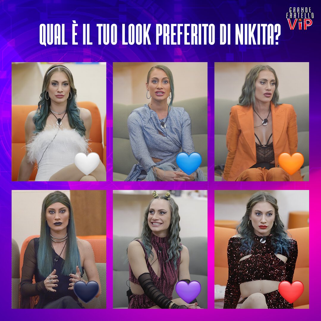 GrandeFratello's tweet photo. Qual è il look di Nikita che preferisci?
#GFVIP https://t.co/W6sSG76ofQ