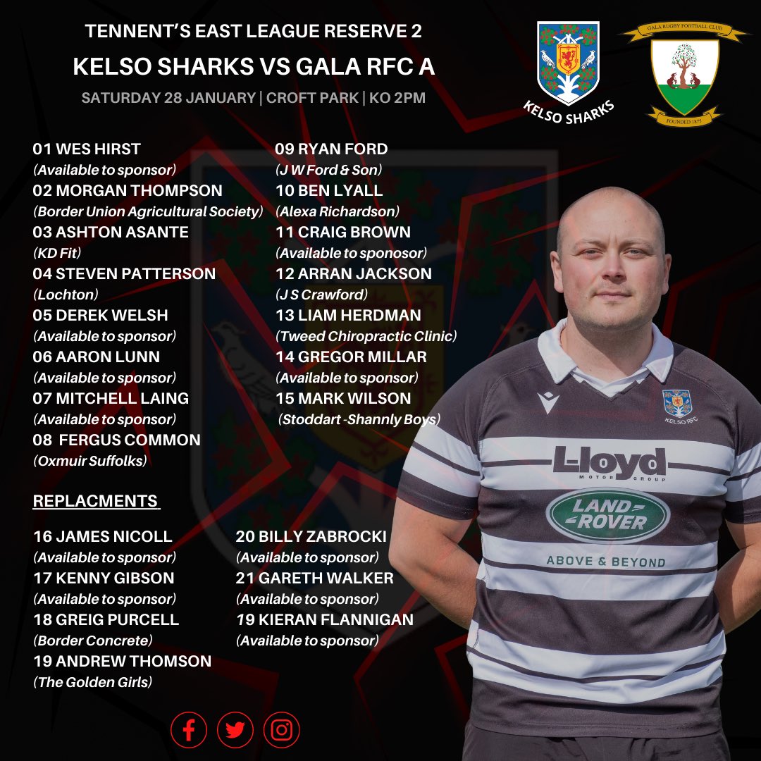 KelsoRugby's tweet image. Here is your Kelso RFC 1st XV squad to host @Gala_Rugby 1st XV down at Poynder Park tomorrow, KO 3pm. Also Kelso Sharks squad to host Gala RFC A at Croft Park, KO 2pm. 

Best of luck to all players and coaches. 👍

⚫️⚪️

@LandRoverKelso 

#OneClub #OneCommunity