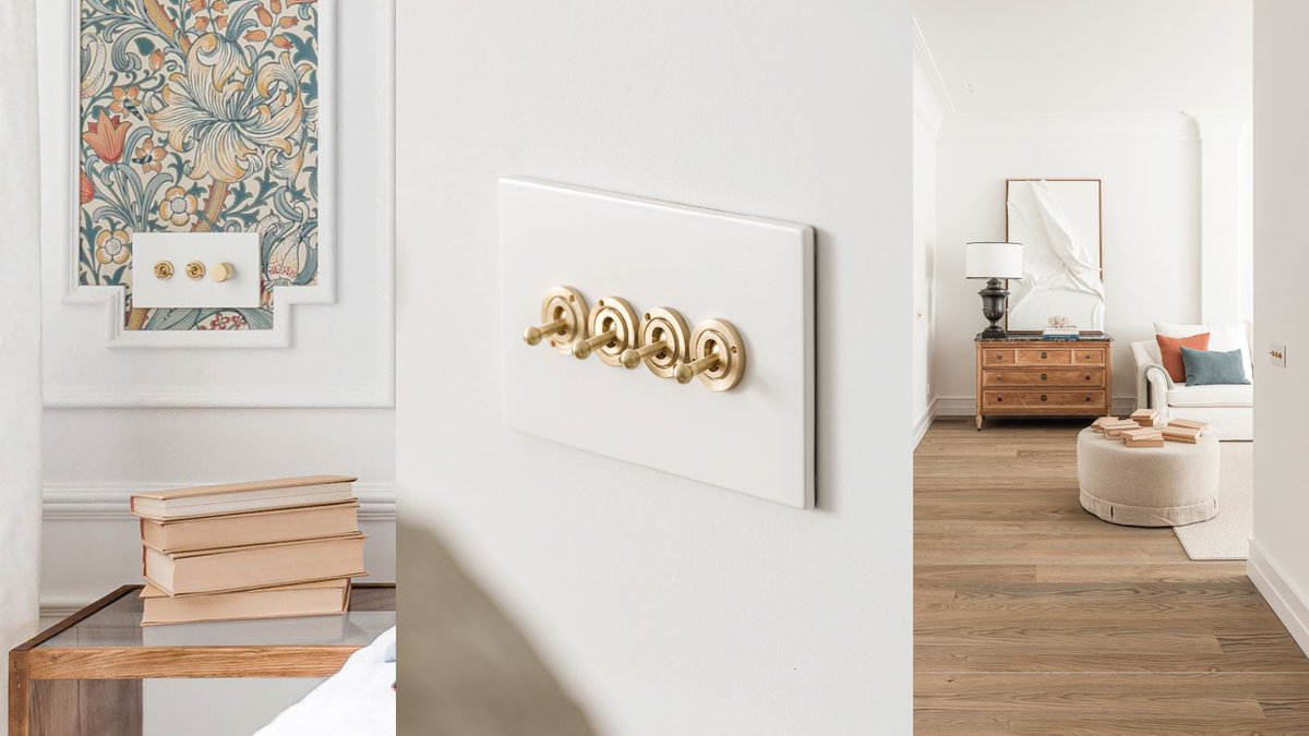 A classic combination 🤍 
Hartland CFX in Matt White with Satin Brass Toggles.

#hamiltonlitestat #switchesandsockets #mattwhite #satinbrass #toggleswitches #dimmerswitch #moodlighting #highend #luxuryinteriors #wiringaccessories #interiordesign