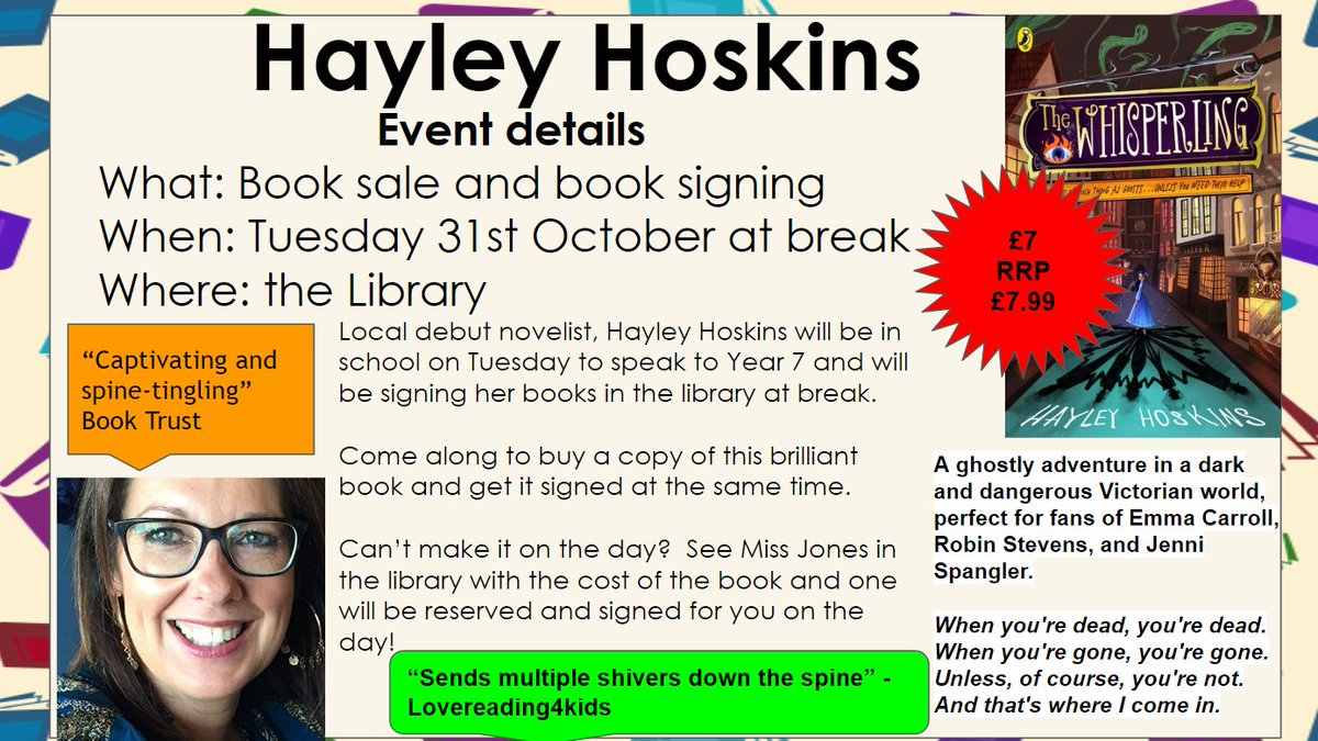 DeneMagnaSchool's tweet photo. Hayley Hoskins is coming to visit us! 😱😆 For more information, please see the poster below...@HayleyHoskins @PuffinBooks  @ChepstowBooks https://t.co/jcOp78ELSf