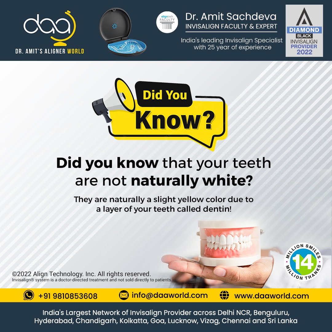daaworldindia's tweet image. Did you know that your teeth are not naturally white??

They are naturally a slight yellow color due to a layer of your teeth called dentin!

Book your appointment with #Daaworld today at 98108 53608 

#dentin #naturalwhite #dentinlayer #invisalignsmile #invisalignprovider