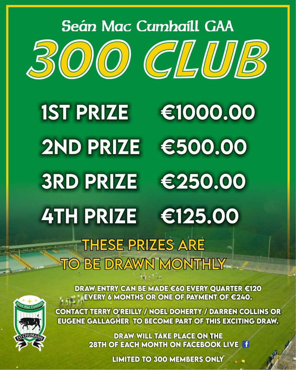MacCumhaills's tweet image. Join the Seán MacCumhaills GAA 300 Club and help support the development of our club! 

Every month we'll be giving away prizes of €1000, €500, €250, and €125 to the lucky winning members. Don't miss out on this opportunity. Sign up today! 

Limited to 300 members only.