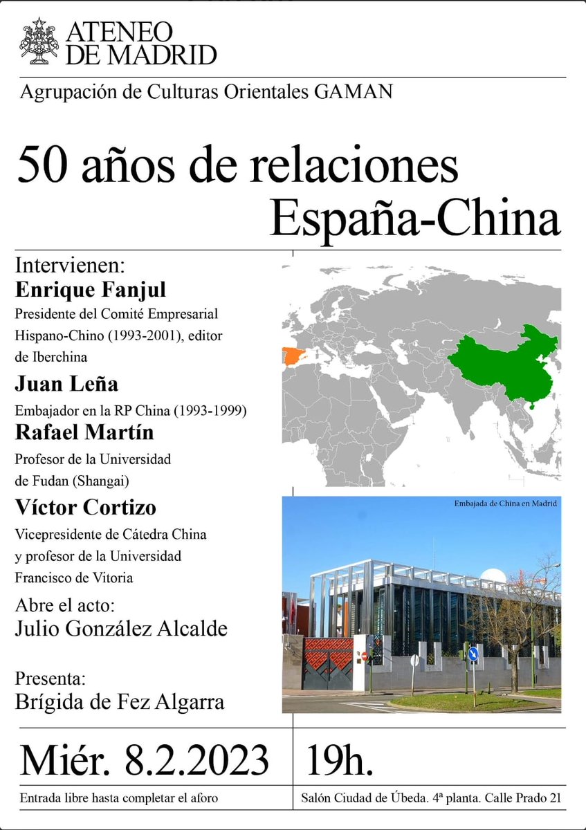 Iberchina's tweet photo. Acto en el @ateneodemadrid de Madrid el 8 de febrero: "50 años de relaciones España-China".
El Ateneo organiza un encuentro para debatir sobre estos 50 años de relaciones con la participación de varios profesionales con profundo conocimiento y experiencia del tema. https://t.co/WpIfhhZ7hq