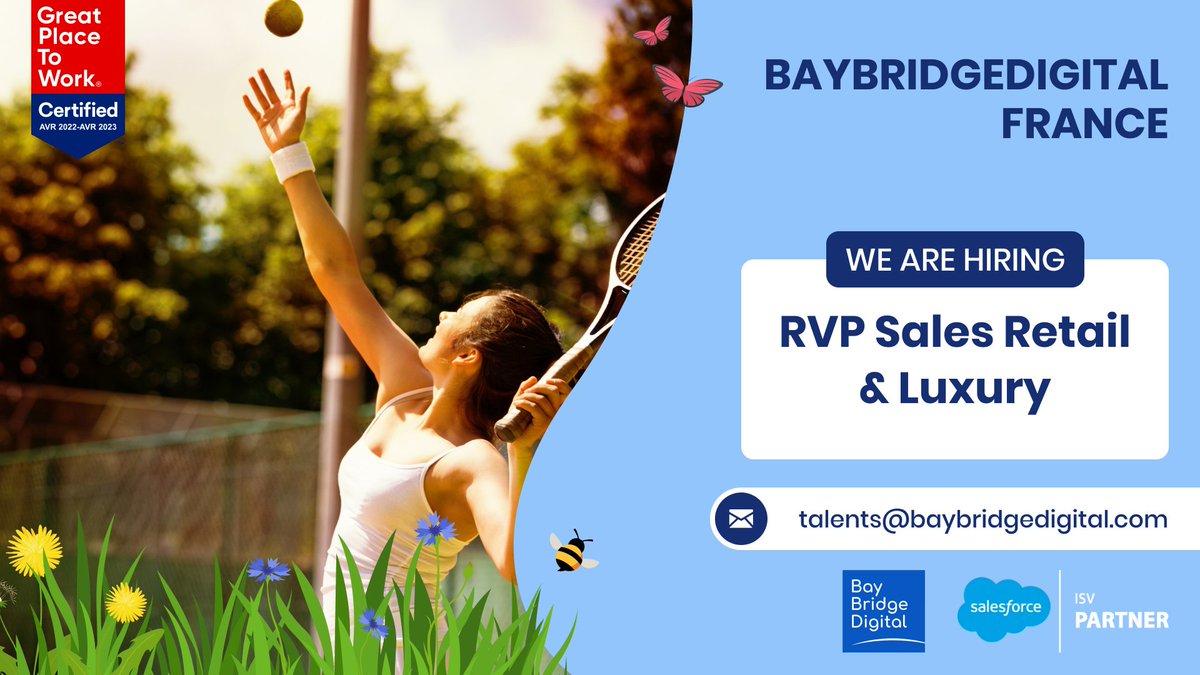 Join the BayBridgeDigital team as a RVP Sales Retail &amp; Luxury and drive digital transformation for top retail companies. 

Apply: lnkd.in/epRkuCU3
Contact: samar@baybridgedigital.com

#Retail #Sales #DigitalTransformation #hiring #BusinessDevelopment #Recrutement #Careers