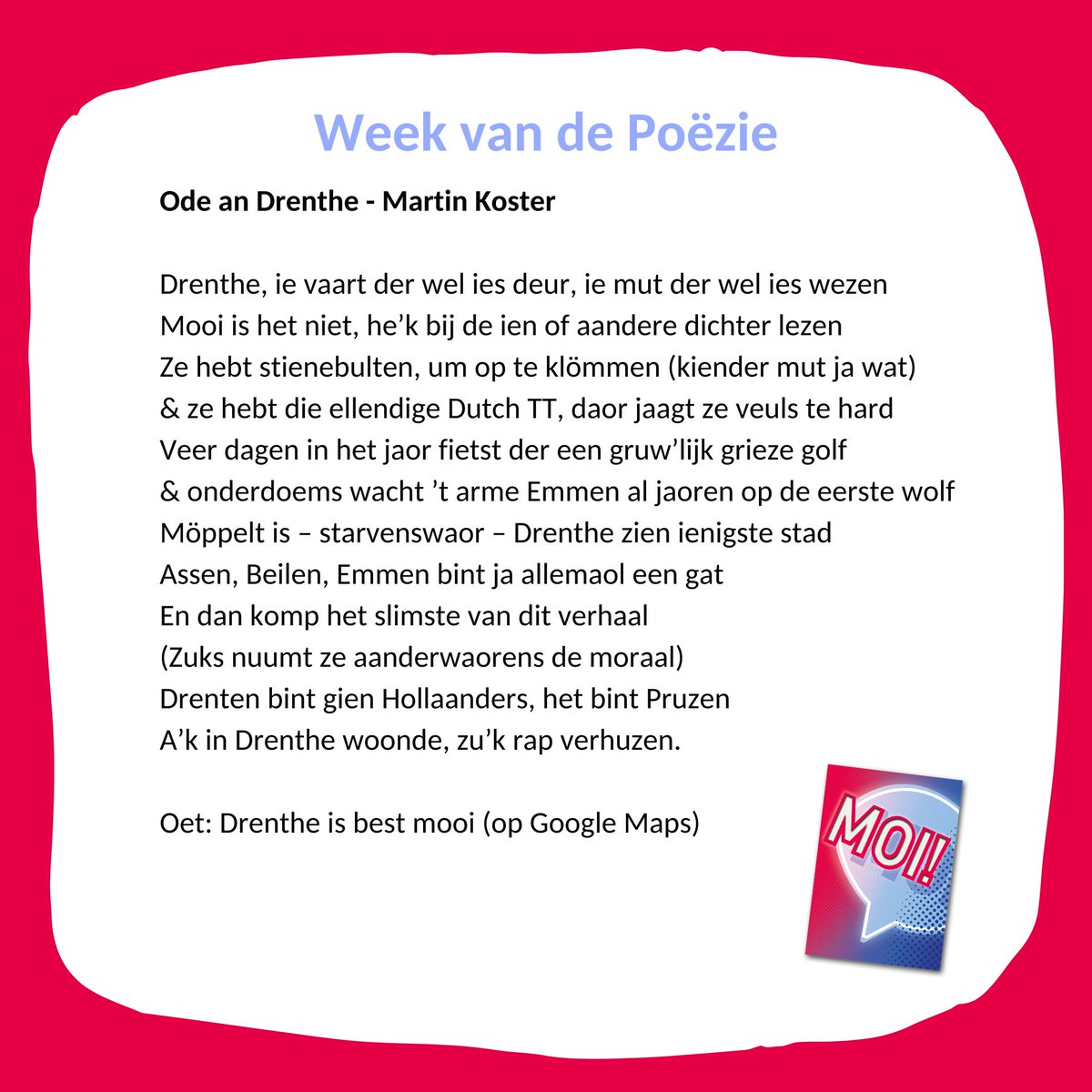 renatesnoeijing's tweet photo. Schriever Martin Koster hef een mooie ode an Drenthe maakt 😃.
#wiesmetdrents #weekvandepoezie #martinkoster #drentheisbestmooi https://t.co/TjJXJfEIrV