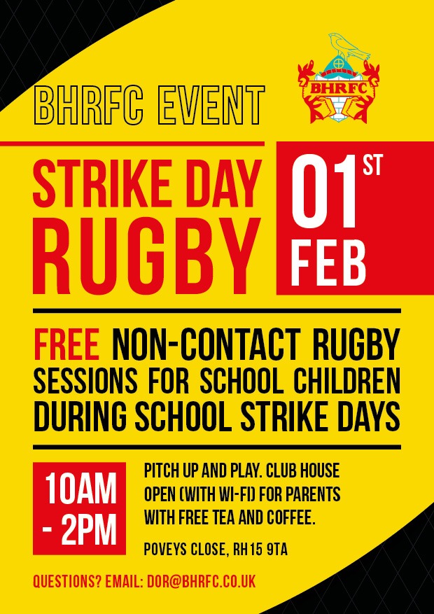 BurgessHillRFC's tweet photo. Do you have strike day stress? 

We are putting on free non contact rugby sessions for our local community.  

The club house will be open where there will be free tea/coffee and WIFI. 

@SussexRFU @SheddingdeanSch @SouthwayJS @PELondonMeed @BWGschool @s_wilfrid @burgesshillnews https://t.co/YEdeAqV2BQ