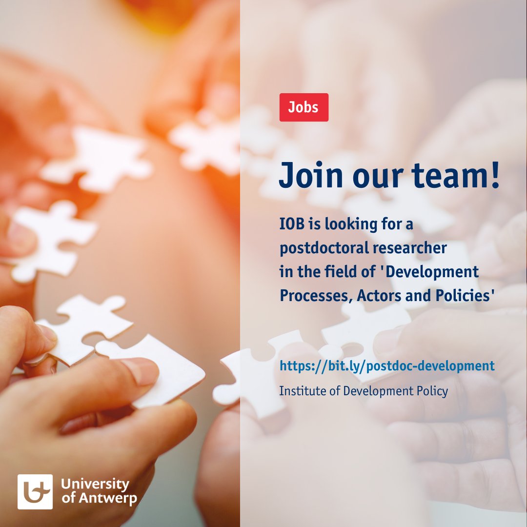 IOB is hiring!

We are looking for a postdoctoral researcher in the field of 'Development Processes, Actors and Policies'

Apply until 1 March 2023: uantwerpen.be/en/jobs/vacanc…

#vacancy #postdocjobs #postdocposition #postdoc