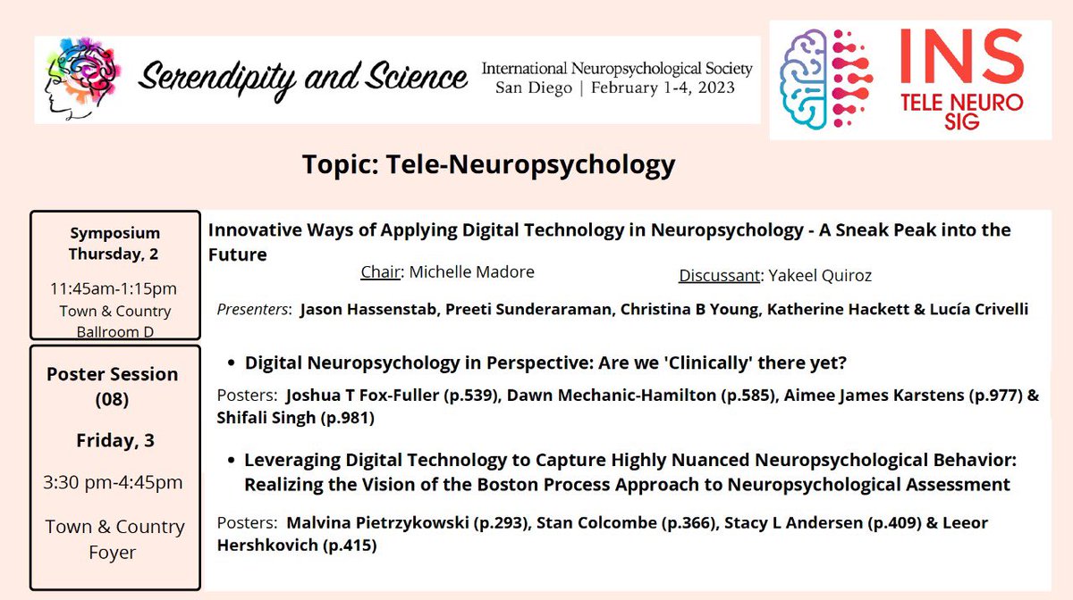 Please join us in our teleneuropsychology SIG activities next week during INS Conference in San Diego <a href="/INSneuro/">INS</a> @ytquiroz <a href="/kanelld/">Dr. Dora Kanellopoulos</a> <a href="/PSunderaraman/">Preeti Sunderaraman, PhD</a>  <a href="/Teleneuropsych/">Teleneuropsychology</a> <a href="/mmadore/">Michelle R. Madore, Ph.D.</a>