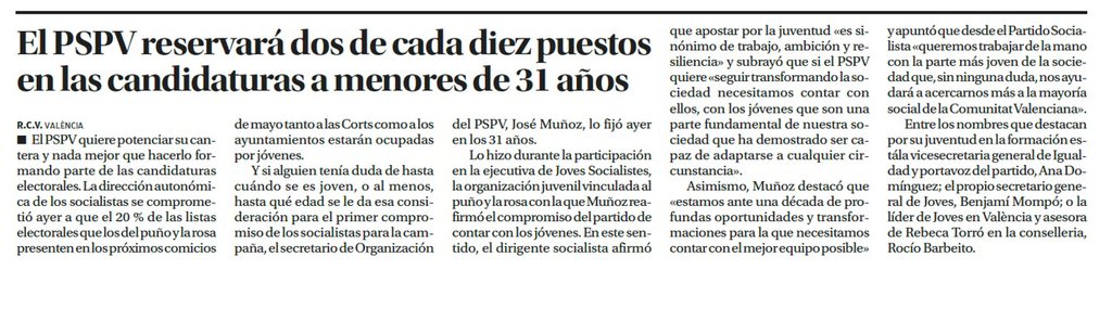 JoveSocialistes's tweet photo. 🗞️ | El PSPV reservará dos de cada diez puestos en las candidaturas a menores de 31 años @levante_emv 

“Somos una generación preparada y con grandes proyectos” @BenjaMompo_ ✊🏼⚡️

#RevolucióGeneracional #AllòQueImporta https://t.co/6ktyr1cDbq