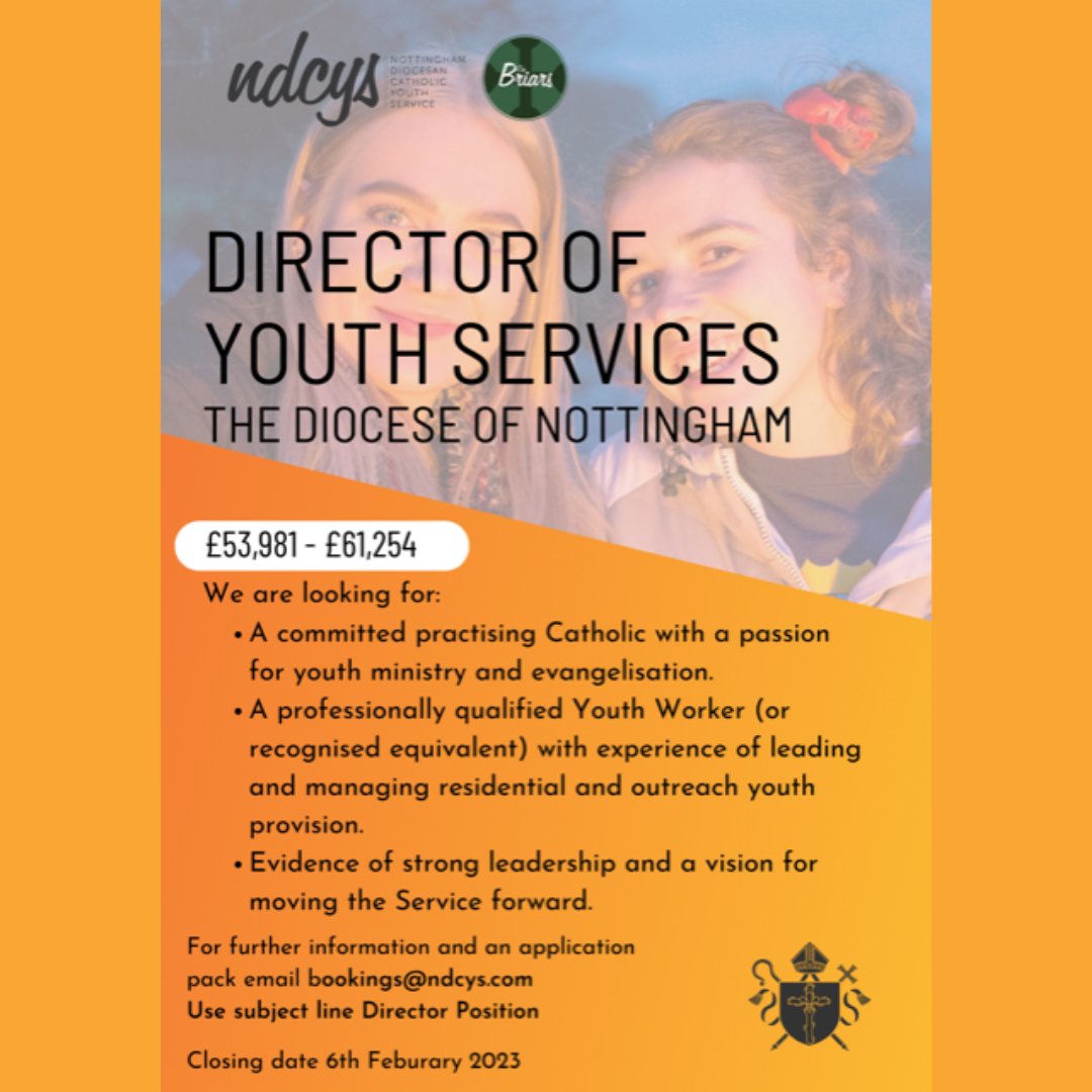 An incredible opportunity to join the Diocese of Nottingham.

#Opportunity #Youthservices #catholiceducation #dioceseofNottingham #faith #Nottingham #JobsinNottingham #EastMidlandsJobs #YouthMinistry #YouthWorker #Leadership #Catholic #newjobopportunity