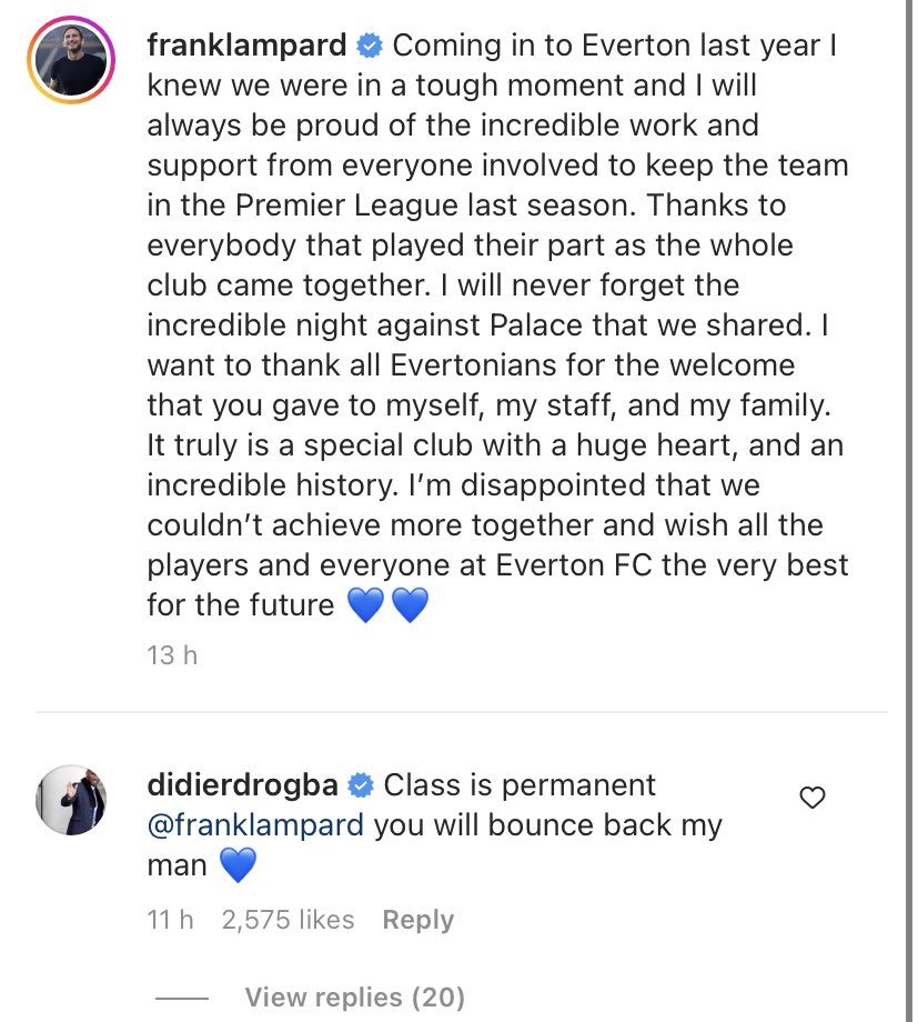 Didier Drogba message to Frank Lampard on his Instagram