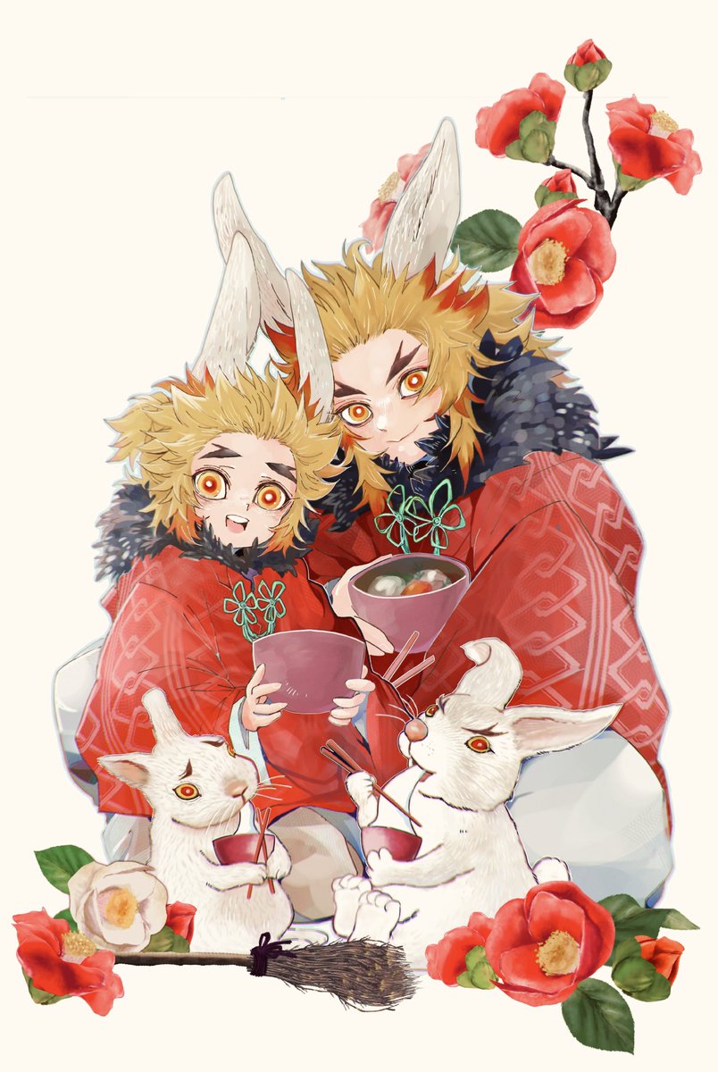 rengoku kyoujurou brothers flower forked eyebrows bowl multiple boys male focus 2boys  illustration images