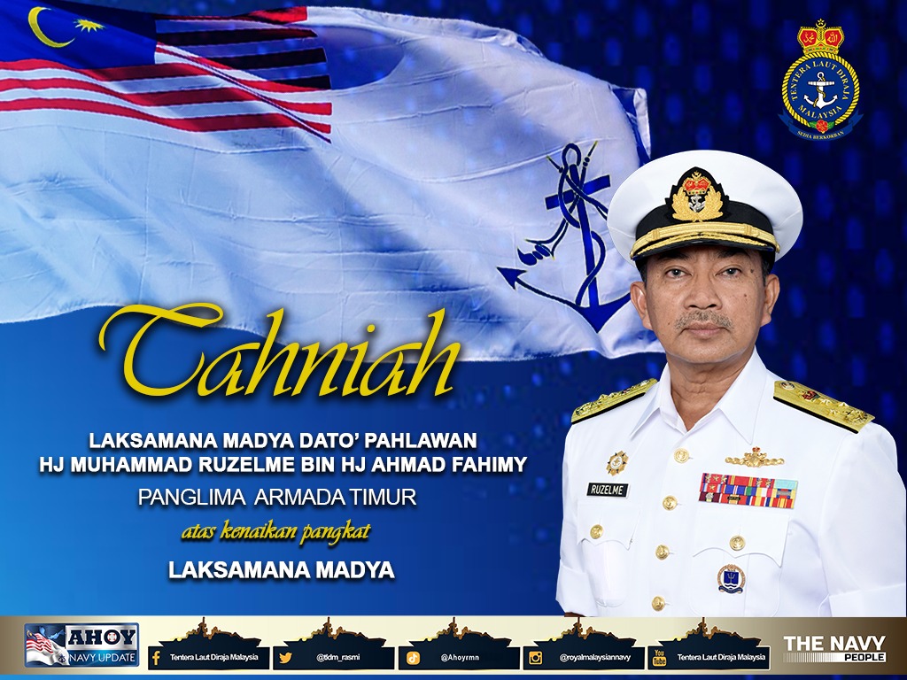 tldm_rasmi's tweet photo. Setinggi-tinggi tahniah diucapkan kepada Panglima Armada Timur, Laksamana Madya Dato’ Pahlawan Hj Muhammad Ruzelme bin Hj Ahmad Fahimy di atas kenaikan pangkat hari ini. Beliau telah dilantik sebagai Panglima Armada Timur pada 20 Januari lepas. https://t.co/SZCCY2rkRA
