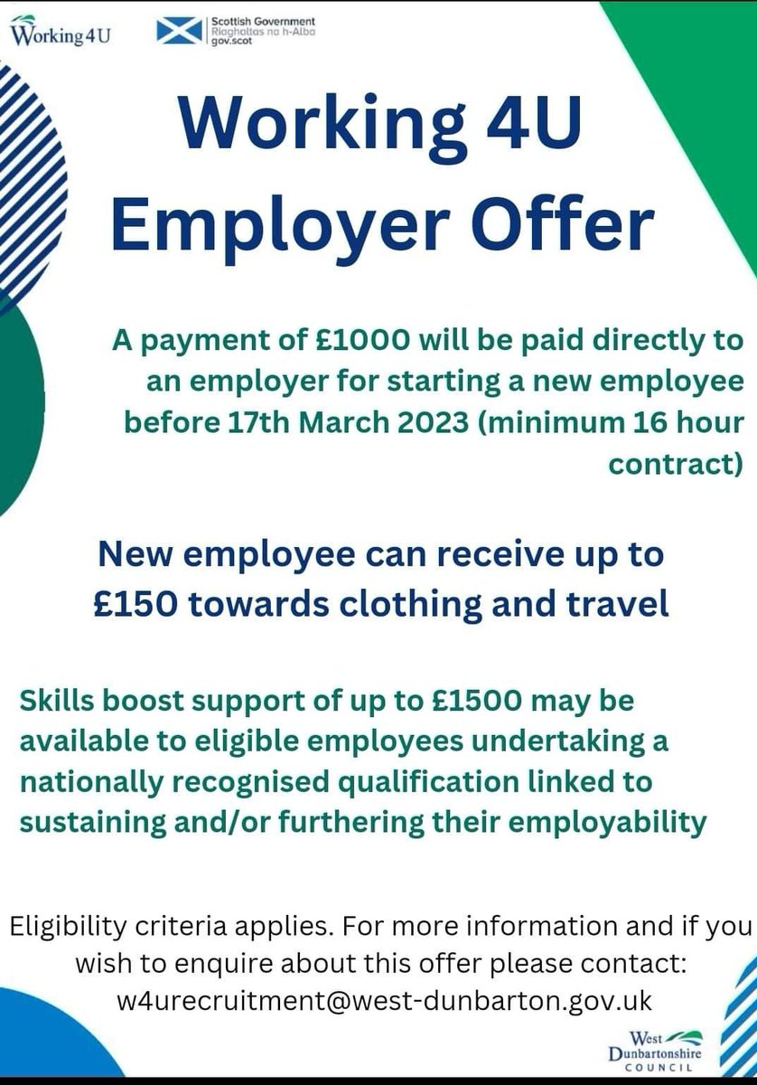Are you a recruiting employer? The Working4U team can support your business through our new ‘Employee Set up’ grant. Receive £1000 when recruiting local residents to help your business with recruitment and training costs. For more information w4urecruitment@west-dunbarton.gov.uk