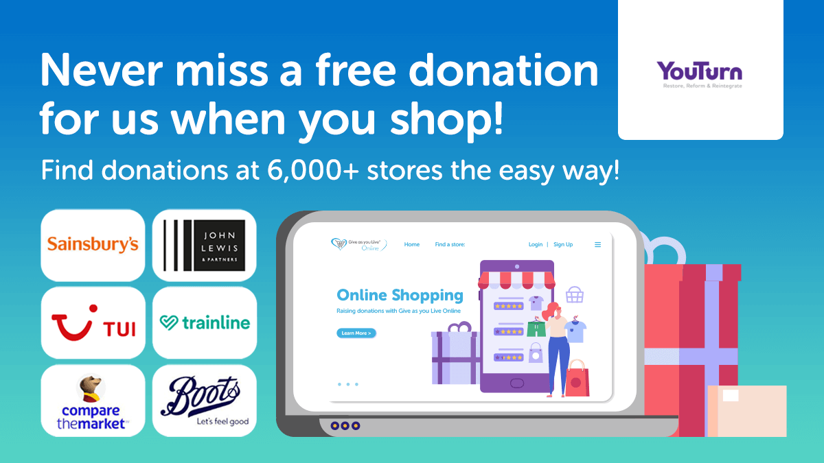YouTurnFutures's tweet photo. Help support our work by joining our Give as you Live donation platform!

You can raise donations in one easy click, by shopping online.

Click here to sign up:
https://t.co/kAqJD3B6Yx https://t.co/WbMLs12T7U