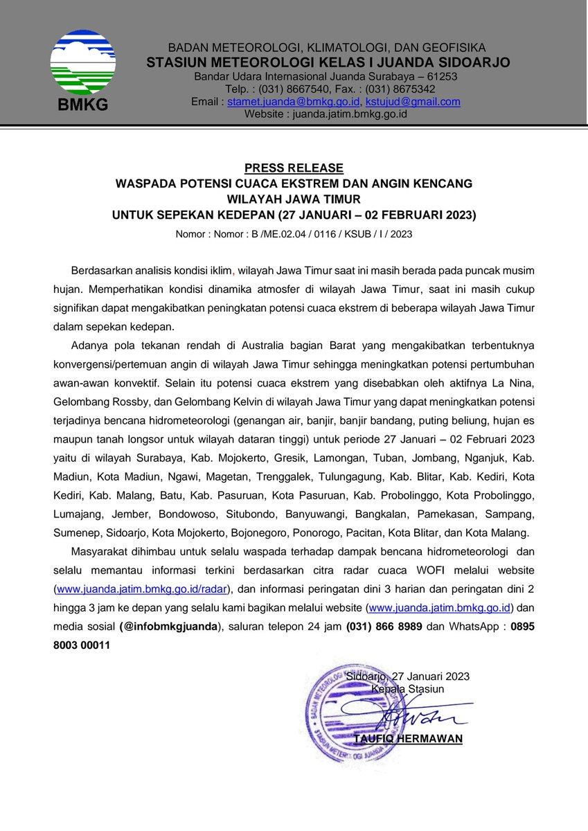 WASPADA POTENSI CUACA EKSTREM DAN ANGIN KENCANG
WILAYAH JAWA TIMUR
UNTUK SEPEKAN KEDEPAN
27 JAN - 02 FEB 2023