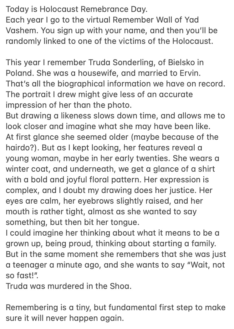 abstractsunday's tweet photo. Today is Holocaust Remebrance Day.
Each year I go to the virtual Remember Wall of @yadvashem. You sign up with your name, and then you’ll be randomly linked to one of the victims of the Holocaust.
I remember Truda Sonderling, of Bielsko in Poland with a portrait.
#WeRemember https://t.co/OWwcOfMtMy