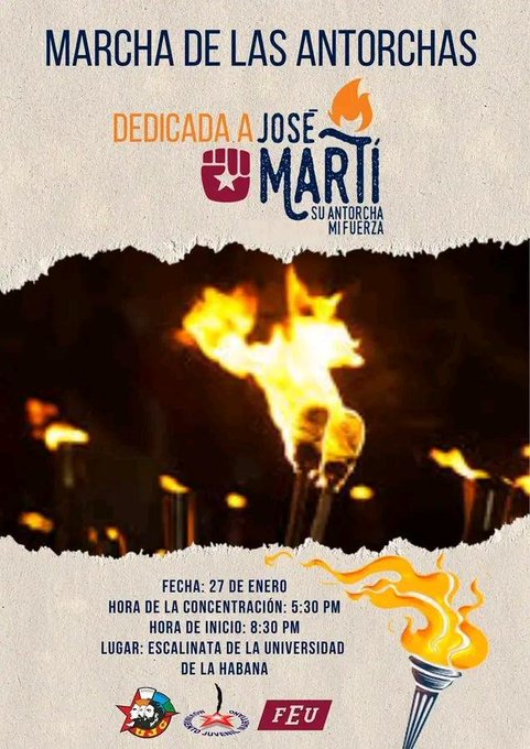 Esta noche, en #LaHabanaDeTodos, Marcha de las Antorchas.
Dedicada al #170Aniversario del natalicio de José Martí y al Aniversario 70 de la primera marcha. ¡Viva #Cuba!. 
#SuAntorchaMiFuerza, 🇨🇺