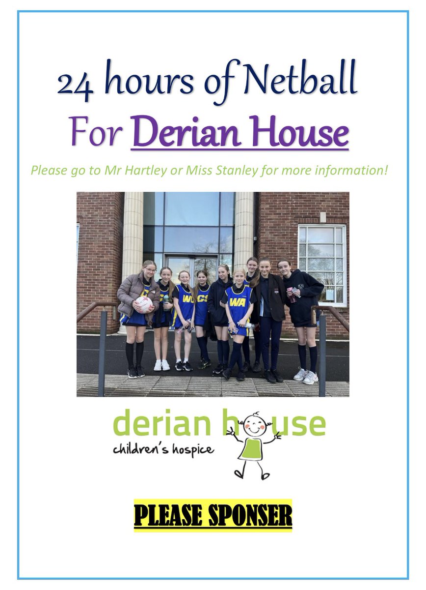 This year, our KS3 netball girls are raising money for Derian House,  completing 24 hours of netball!🏐 It is a charity close to all of our hearts and we would really appreciate any donations 💙 We will begin this challenge 21/02/23 😊 link in comments! <a href="/DVHSPhysEd/">Darwen Vale PE Department</a> <a href="/DarwenVale/">Darwen Vale High School</a>
