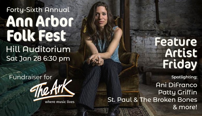 Each hour today, we feature artists on the lineup for this week's Ann Arbor Folk Fest fundraiser for @annarborark! Tickets still available at theark.org for the show featuring @anidifranco, @PattyGMusic @StP_BrokenBones & more! Sponsored by @bankofannarbor