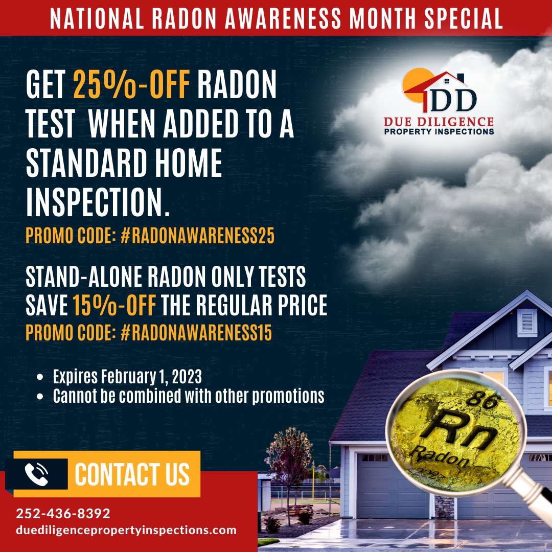 DueProperty's tweet image. We're offering 25% off RADON test when combined with the home inspection during the month of January! Don't miss out on this chance to get your property checked for unsafe radon levels. Book your inspection today and save!

#RadonInspection #RadonAwareness #JanuaryPromotion