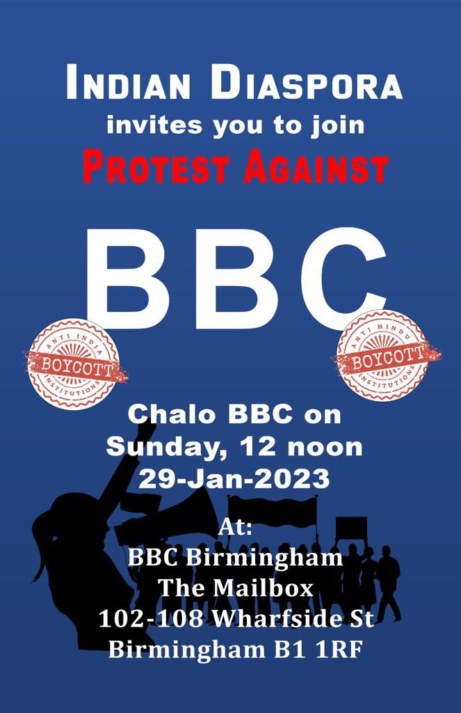 bbc_protest's tweet image. Nation wide protest against @BBCNews for their hate against India 🇮🇳 and PM @narendramodi 

#BoycottBBC
#BBCProtest 
#DefundBBC 

@HCI_London @MEAIndia @RamiRanger @VirendraSharma @AlokSharma_RDG @Ofcom @BBCNews @BBCWorld @vivekagnihotri @KapilMishra_IND @TajinderBagga