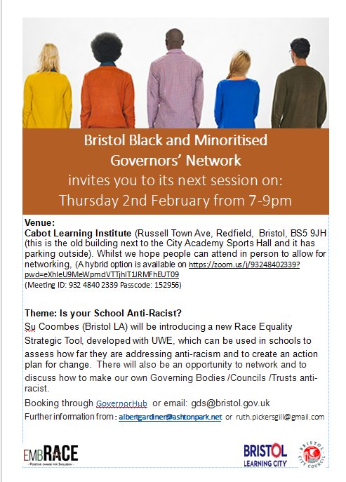 Rescheduled Black and minoritised Governors' Network next Thurs 2nd Feb looking at Anti- Racist toolkit for schools. Please publicise .