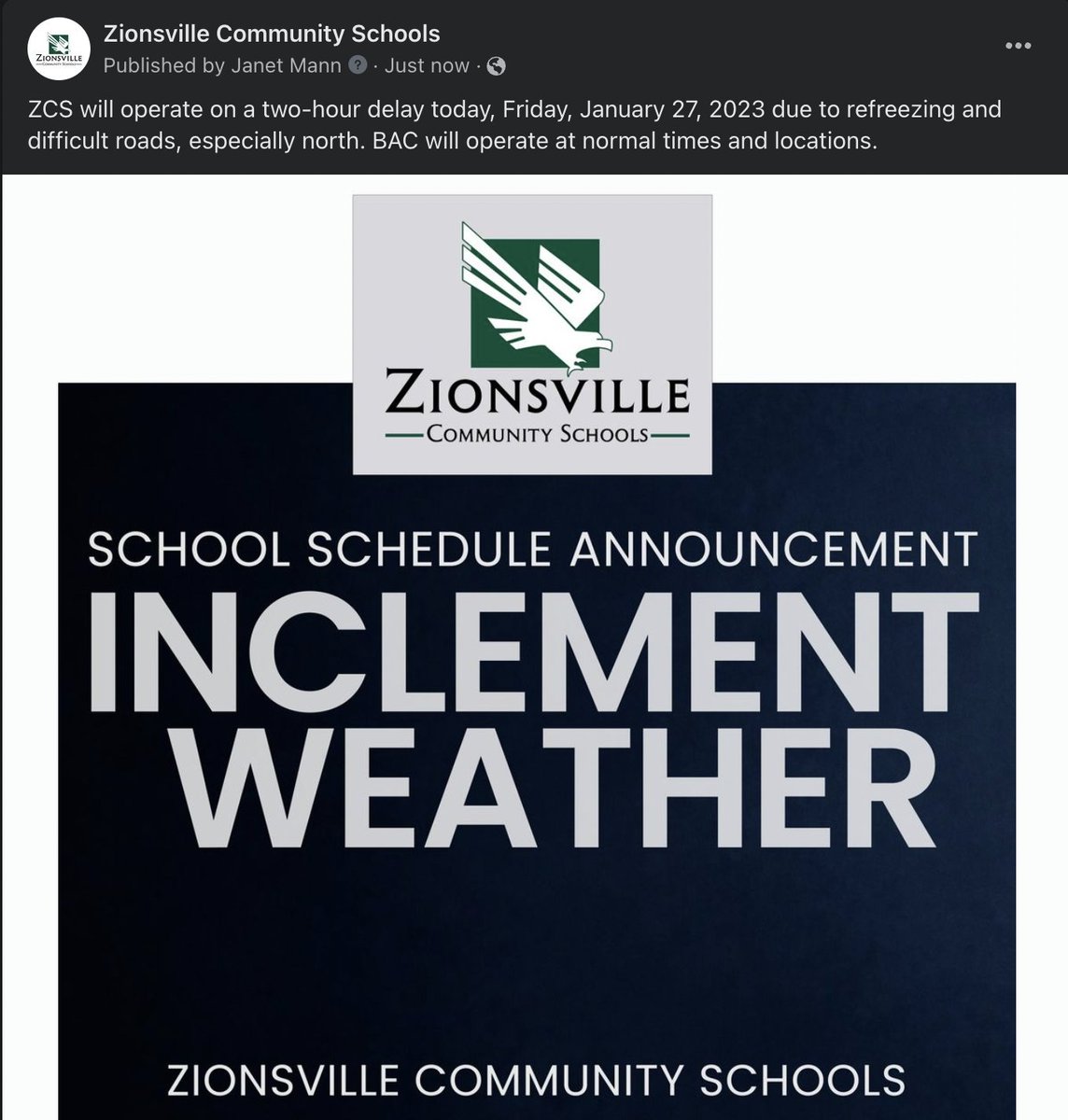 ZCS will operate on a two-hour delay today, Friday, January 27, 2023 due to refreezing and difficult roads, especially north. BAC will operate at normal times and locations.