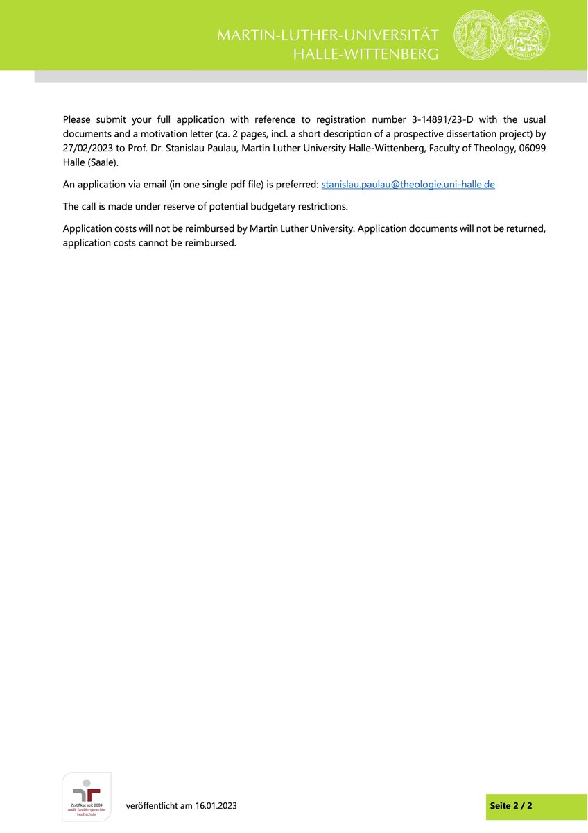 Are you interested in GLOBAL HISTORY OF CHRISTIANITY and ORTHODOX CHRISTIAN STUDIES and would like to pursue a PhD? 
There is a job vacancy at my chair at the Martin Luther University Halle-Wittenberg.

Circulate widely &amp; don’t hesitate to contact me if you have any questions.