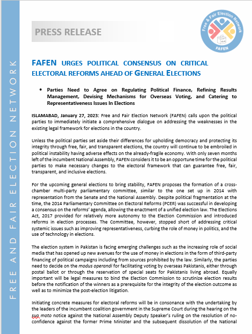_FAFEN's tweet photo. FAFEN's press statement urging political parties to form a consensus on critical electoral reforms before general elections
For Details Visit Url: https://t.co/F02GGUU5fT https://t.co/onOyfgDLig