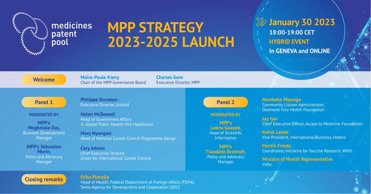 🤩MPP is excited to present its #Strategy on 30 Jan, 6-7pm CET‼️

Hear from👇🏽
✅@DrDuneton @UNITAID
✅@helenmcdowell76 @ViiVHC
✅@MaryNyangasi @CancerProgram
✅@DrCaryAdams @uicc
✅Nombeko Mgongo @DTHF_SA
✅Rahul Lande @heteroofficial
✅Martin Friede @WHO

bit.ly/3Hoc4Hb