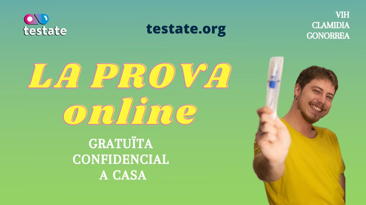 GRATUÏTA, CONFIDENCIAL I A CASA 🏳️‍🌈🏳️‍⚧️

La PROVA online de #clamídia i #gonorrea o #VIH:

- Resideixes a Catalunya?
- Vols fer-te les proves? 
- Has tingut alguna penetració sense preservatiu?
- Se t'han corregut a la boca? 
 
▶️testate.org

#TESTATE #LAPROVAONLINE 🔥🔥