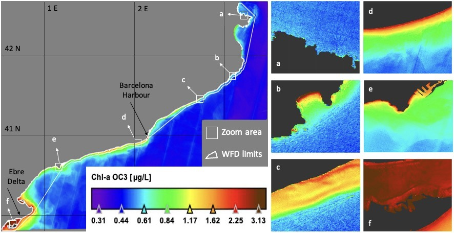 Map of mean Chl-a (µg/L) from the Catalan coast retrieved with the OC3 algorithm. 
N satellite scenes = 22. Tiles = 31TEG ,31TDG, 31TDF, 31TCF, and 31TBF. Timespan = 2015-2018.

XI Congreso Ibérico de Gestión y Planificación del Agua #Murcia

Eva Flo et al. <a href="/BECICMRS/">Barcelona Expert Center</a> <a href="/ICMCSIC/">ICM-CSIC</a>